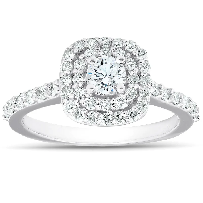 Ladies engagement rings with a custom design-3/4Ct Diamond Cushion Double Halo Engagement Ring 14k White Gold