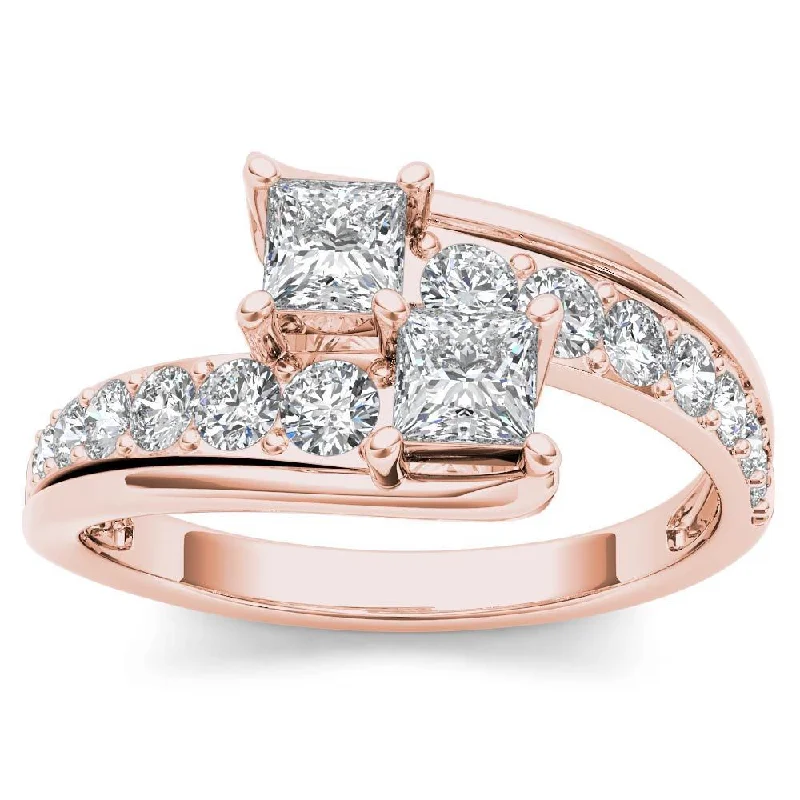 Ladies diamond halo engagement rings-De Couer 14k Rose Gold 1ct TDW Two-Stone Diamond Engagement Ring - Pink